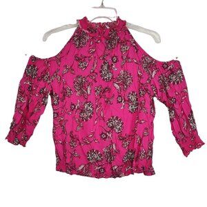 Cato Pink Floral Smocked High Neck Cold Shoulder Top Women Size L 3/4 Sleeve